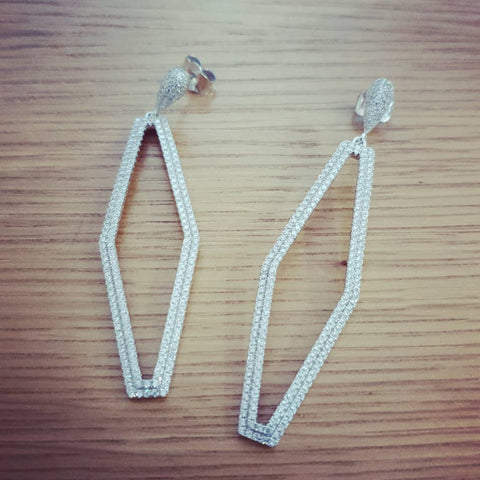 925 Sterling Silver Two Rows Diamond Shape Cz Drop Earrings
