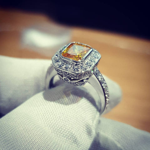 925 Sterling Silver Emerald Cut Yellow & White Cz Cluster Ring