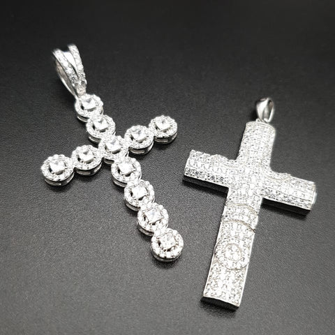 925 Sterling Silver CZ Halo Style Fancy Cross Pendant with Chain