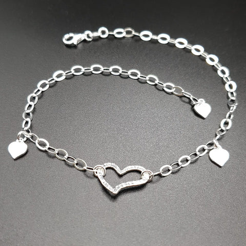 925 Sterling Silver Fancy Heart Drop Anklet 10"