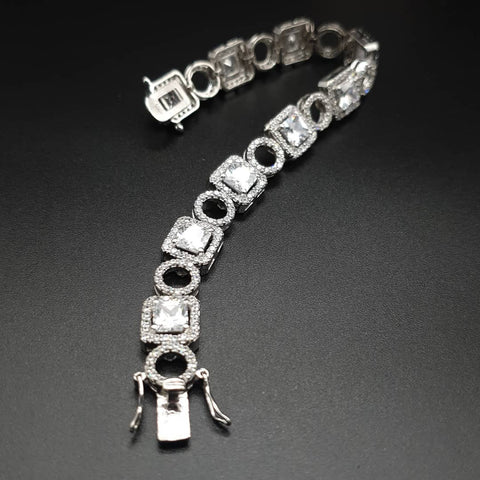 925 Sterling Silver Princess Cut Cz Halo Style Ladies Bracelet