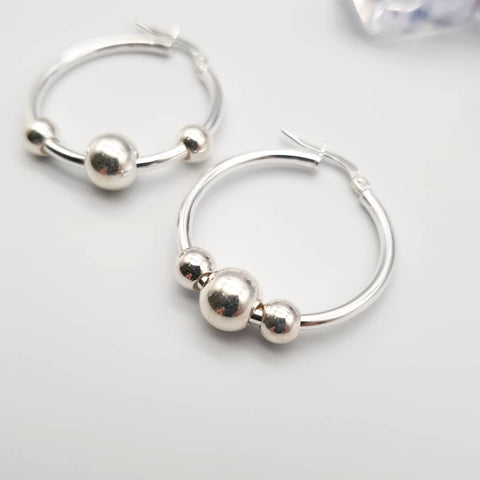 925 Sterling Silver 28mm Fancy Ball Hoop Earrings