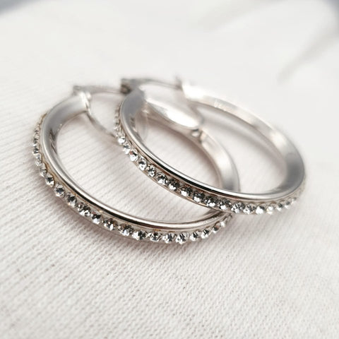 925 Sterling Silver Single Row Crystal Hoop Earrings