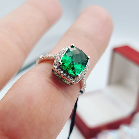 925 Sterling Silver Micro Pave Emerald Colour Centre Silver Cz Ring - J Jaz
