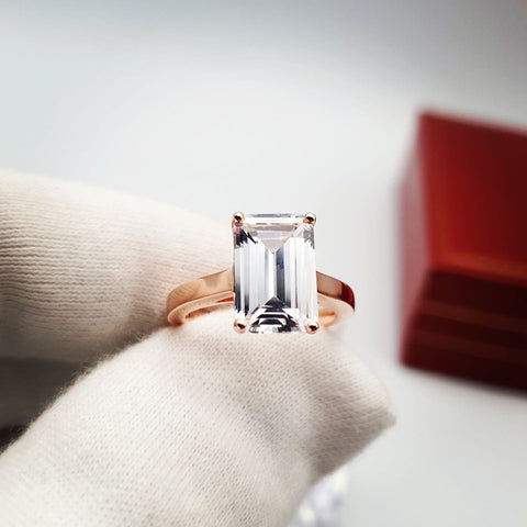 925 Sterling Silver & Rose Gold Large Emerald Cut Solitaire Ring