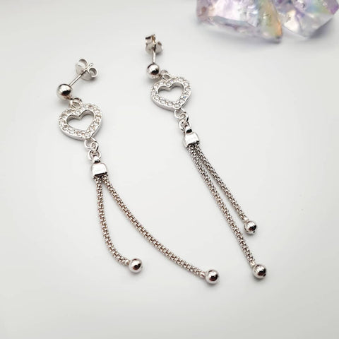 925 Sterling Silver Cz Heart Tassel Drop Earrings