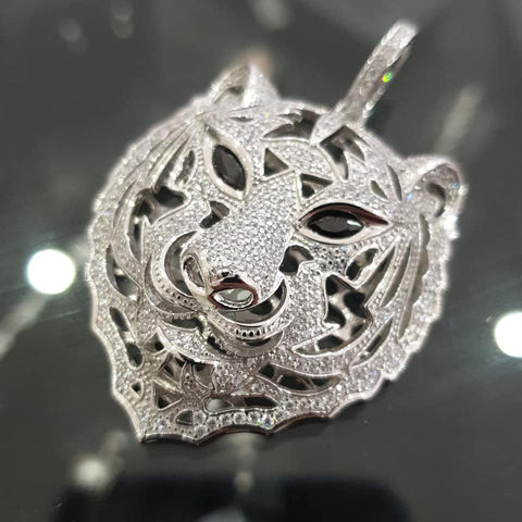 925 Sterling Silver CZ Tiger Head Black CZ Eyes Pendant