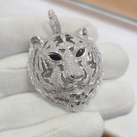 925 Sterling Silver CZ Tiger Head Black CZ Eyes Pendant