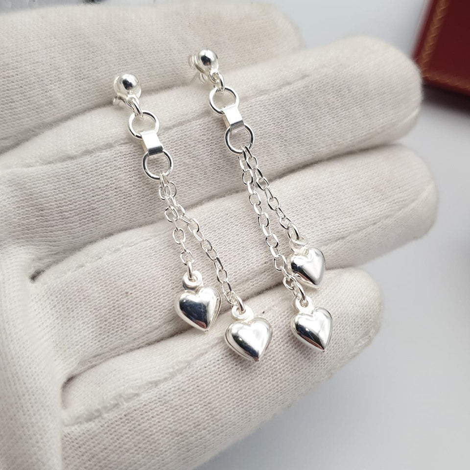 925 Sterling Silver 2-Strand Heart Drop Earrings