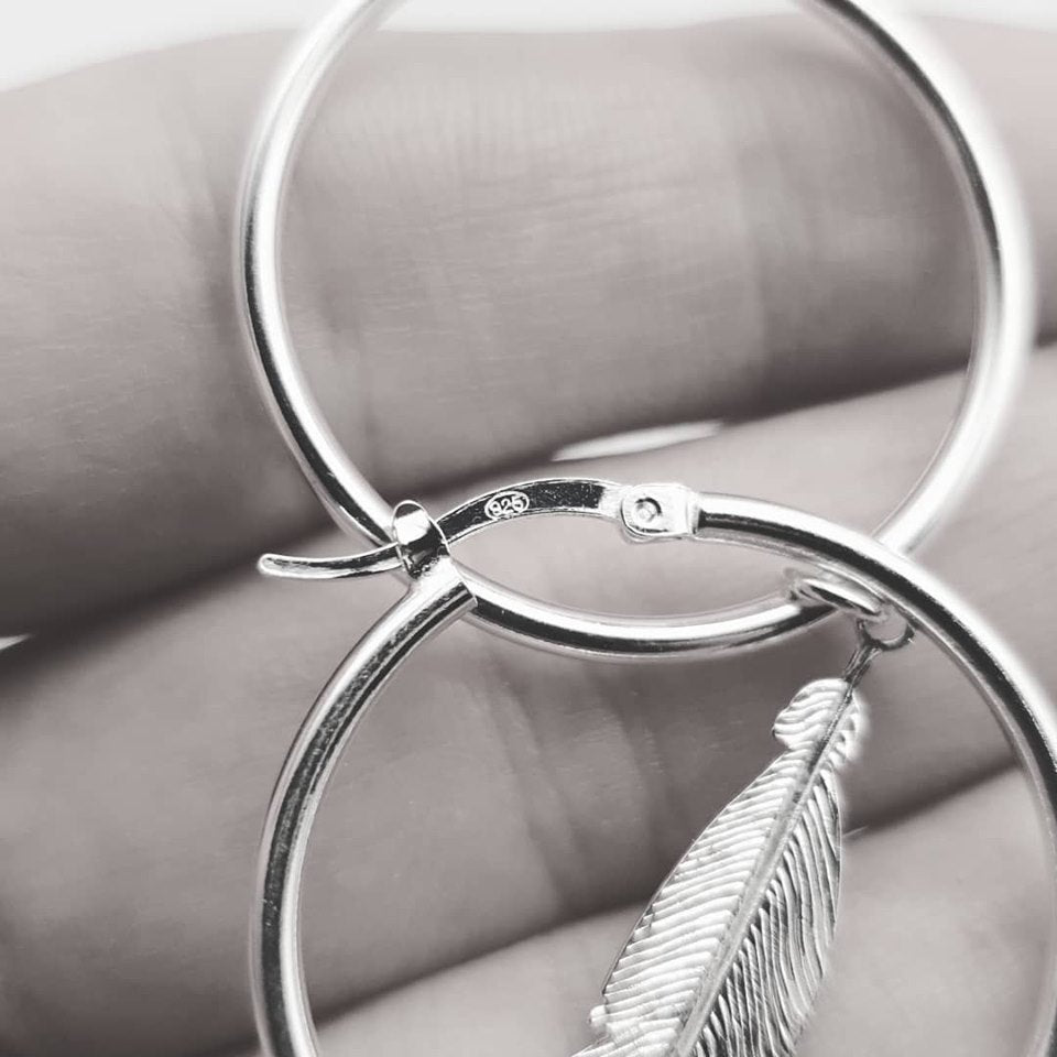925 Sterling Silver Feather Hoop Earrings