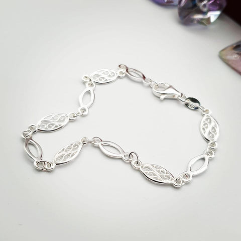 925 Sterling Silver Filigree & Plain Links Ladies Bracelet