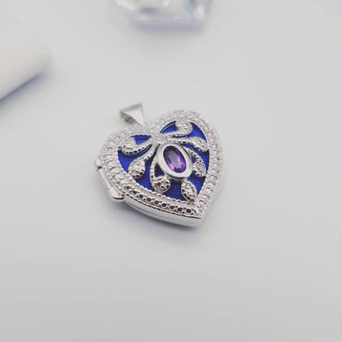 925 Sterling Silver Heart Locket with Amethyst and Chain