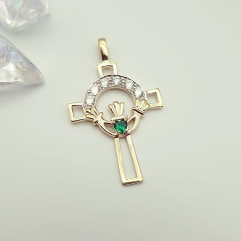 9ct Yellow Gold Cubic Zirconia Claddagh Cross Pendant