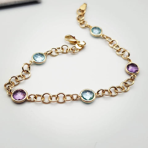9ct Yellow Gold Genuine Amethyst & Blue Topaz 7" Bracelet