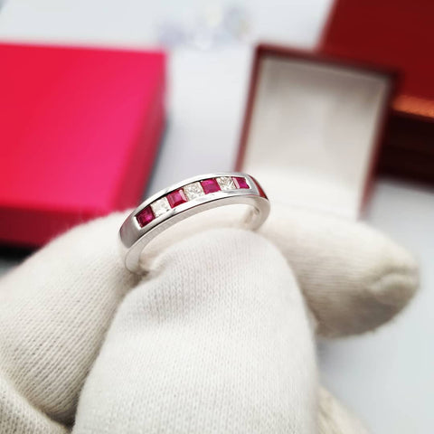 9ct White Gold Princess Cut 0.20ct Diamond & 0.35ct Ruby Eternity Ring