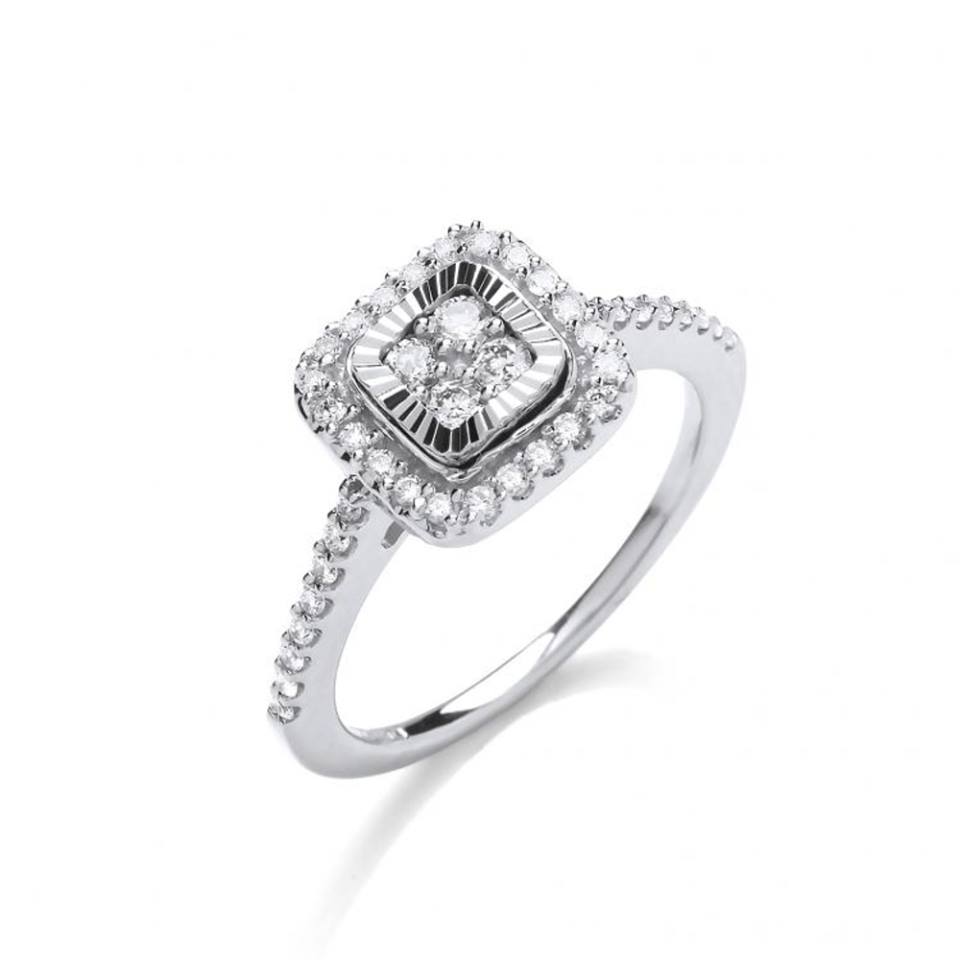 9ct White Gold 0.40ctw Diamond Cluster Ring with Diamond Cut Bezel Ring
