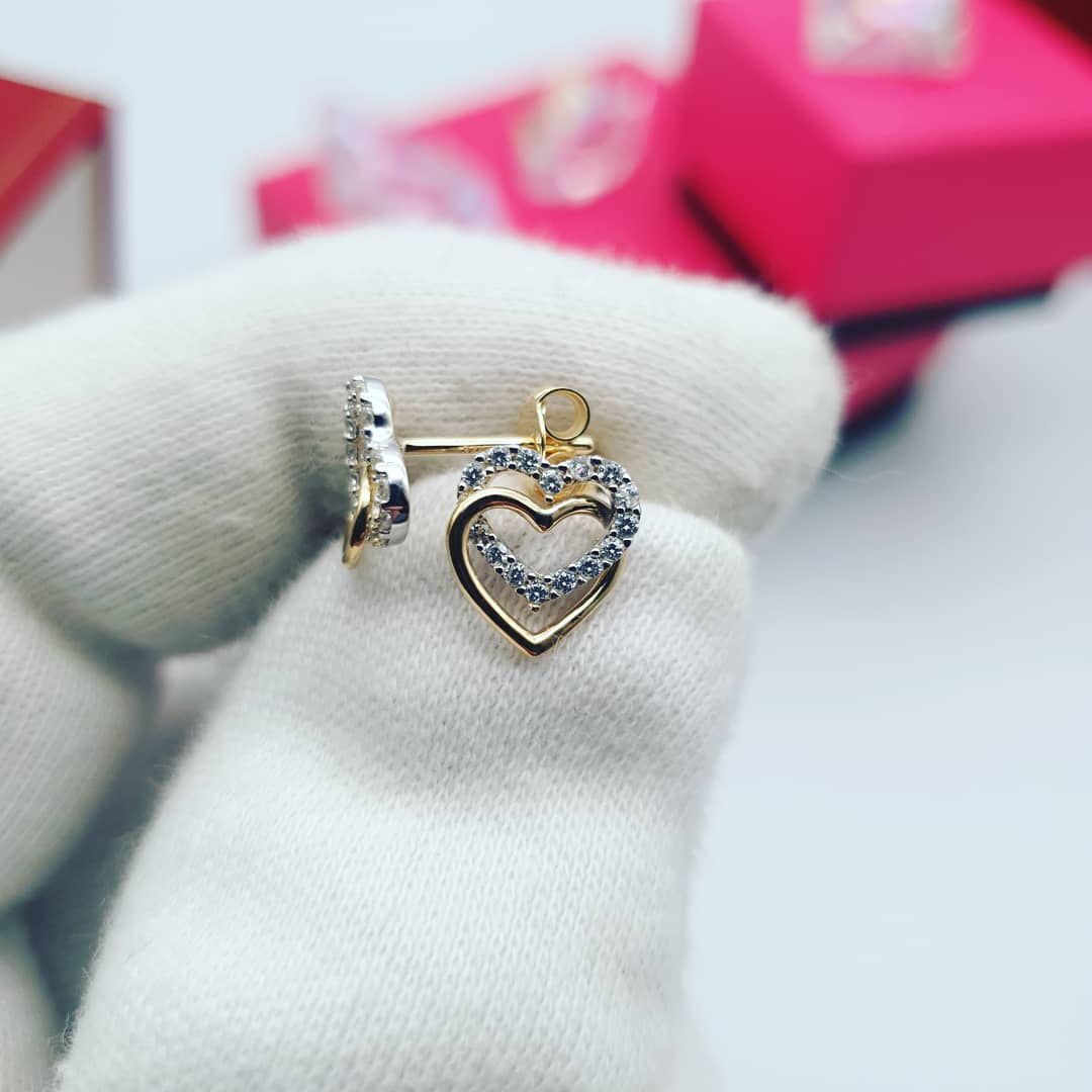 9ct Yellow Gold Double Heart Cubic Zirconia Stud Earrings