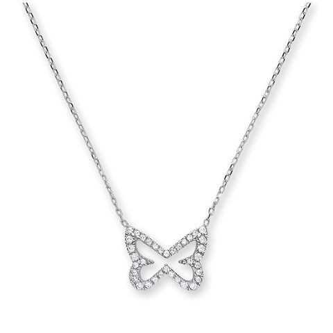 9ct White Gold Diamond Cut Trace Chain, Cz Butterfly with Adjustable Lengths