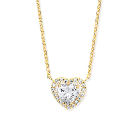 9ct Yellow Gold Heart Halo Style Cubic Zirconia Pendant on 18" Chain