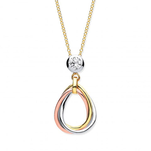 9ct Yellow, White & Rose Gold Tear Drop Tubes Pendant on 18" Chain