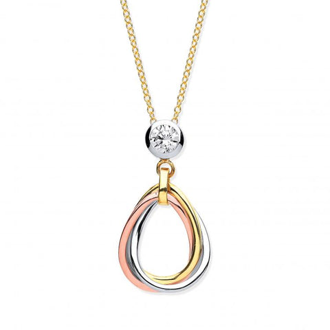 9ct Yellow, White & Rose Gold Tear Drop Tubes Pendant on 18" Chain