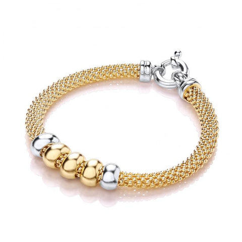 925 Sterling Silver Yellow Mesh with 5 Beads Bracelet 7"