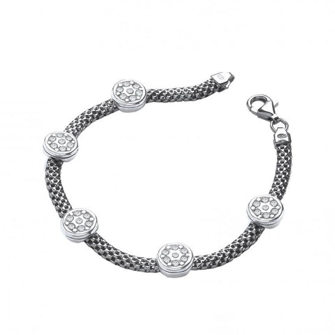 925 Sterling Silver Ruthenium Mesh with Five Circles Cz's 7"/19cm Bracelet