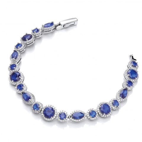 925 Sterling Silver Marquise & Rounds Sapphire Blue Cz's in Halo with Clear Cz Tennis Silver Bracelet