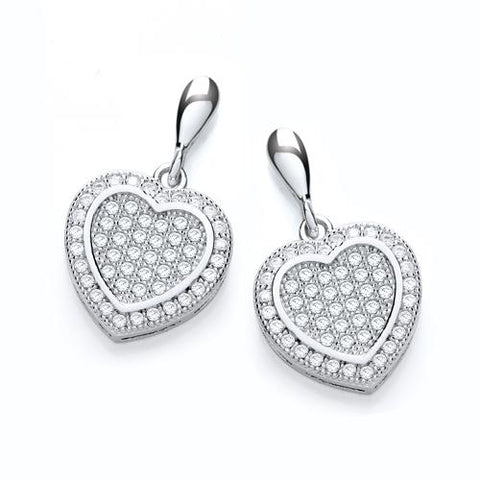 925 Sterling Silver Micro Pave' Heart Drop Earrings Plain Post