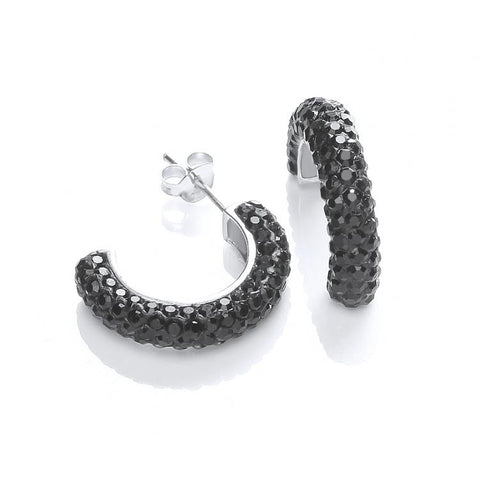 J-JAZ 925 Sterling Silver Half Hoop Stud with Black Cz Earrings