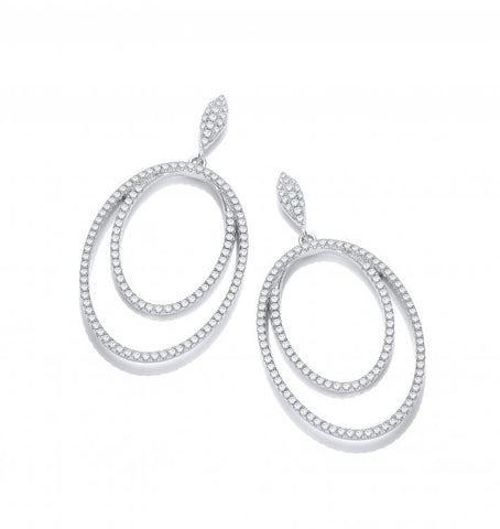 925 Sterling Silver Micro Pave' Double Oval Drop Cz Earrings