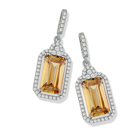 925 Sterling Silver Micro Pave Champagne Centre Drop Cz Earrings