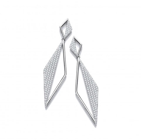 925 Sterling Silver Long Triangle Pave' Cz Drop Silver Earrings