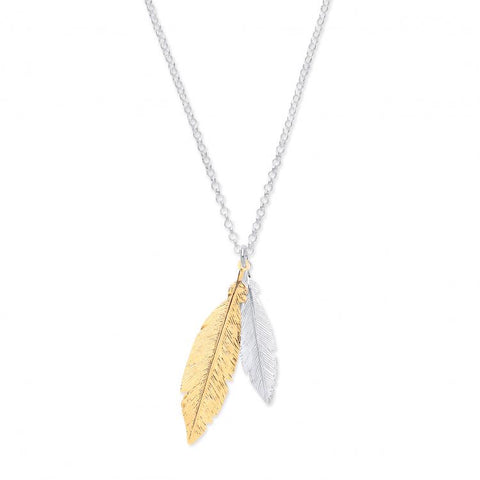 925 Sterling Silver & Gold Coated Feathers Necklace Extendable 16"-18"