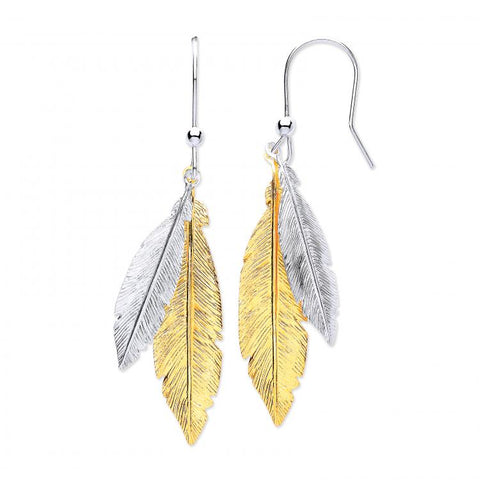 925 Sterling Silver & Gold Coated Feathers Drop Earrings