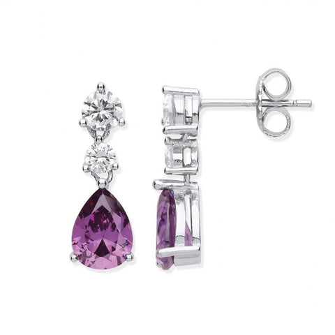 925 Sterling Silver Clear & Amethyst Colour CZs Drop Earrings