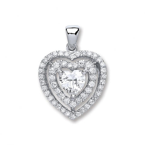 925 Sterling Silver Heart Cz with Two Row of Cz's Pendant with Chain