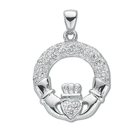 925 Sterling Silver Pave Set Cz Claddagh Drop Pendant with Chain