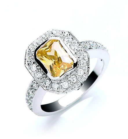 925 Sterling Silver Emerald Cut Yellow & White Cz Cluster Ring
