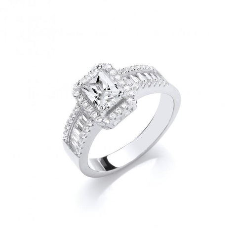925 Sterling Silver Emerald Cut Solitaire Ring with Baguette Cut Shoulders