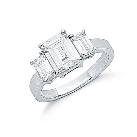 925 Sterling Silver Claw Set Emerald Cut Cz Trilogy Ring