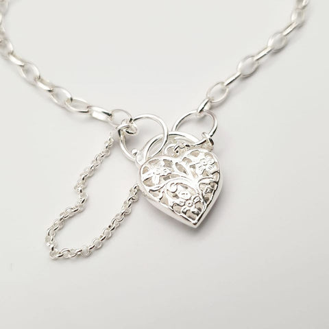 925 Sterling Silver Padlock Charm Open Link Bracelet