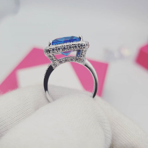 925 Sterling Silver Blue Topaz Cz Cocktail Ring
