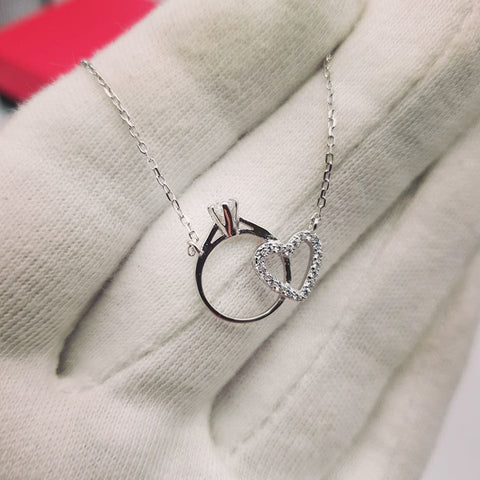925 Sterling Silver Chain Necklace with Little Cubic Zirconia Engagement Ring & Heart