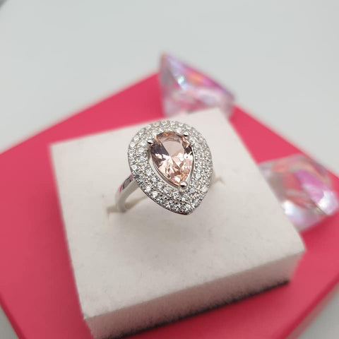 925 Sterling Silver Double Halo Pear Cut Morganite Cz Ring