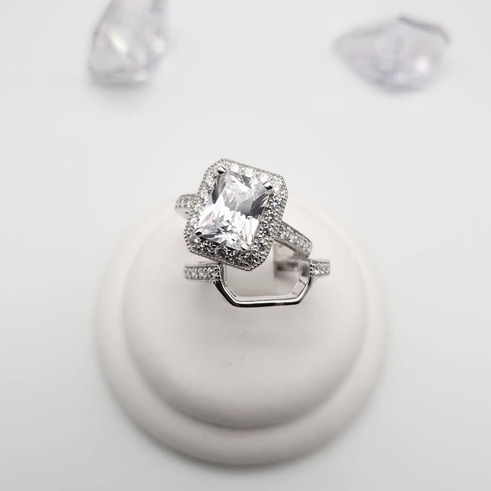 925 Sterling Silver Bridal Set Cz Emerald Cut Centre Ring Sets