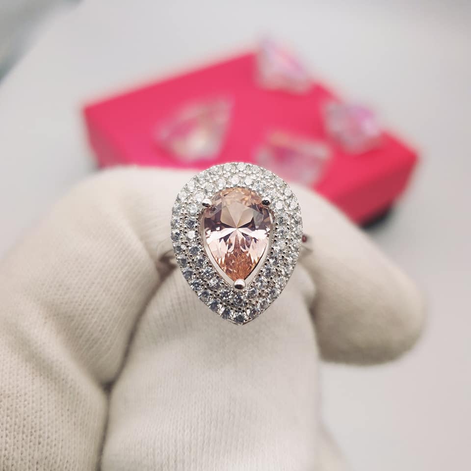 925 Sterling Silver Double Halo Pear Cut Morganite Cz Ring