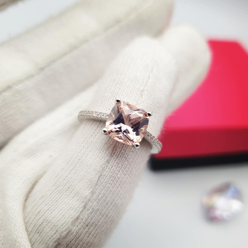 925 Sterling Silver Cushion Set Morganite Cz Ring
