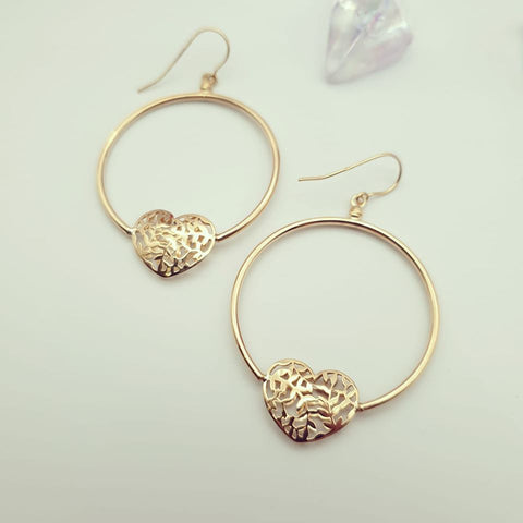 9ct Yellow Gold Round Tube, Filigree Heart, Hook Style Earrings