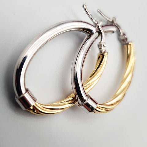 925 Sterling Silver Oval Two Tone Twist Hoop Earrings